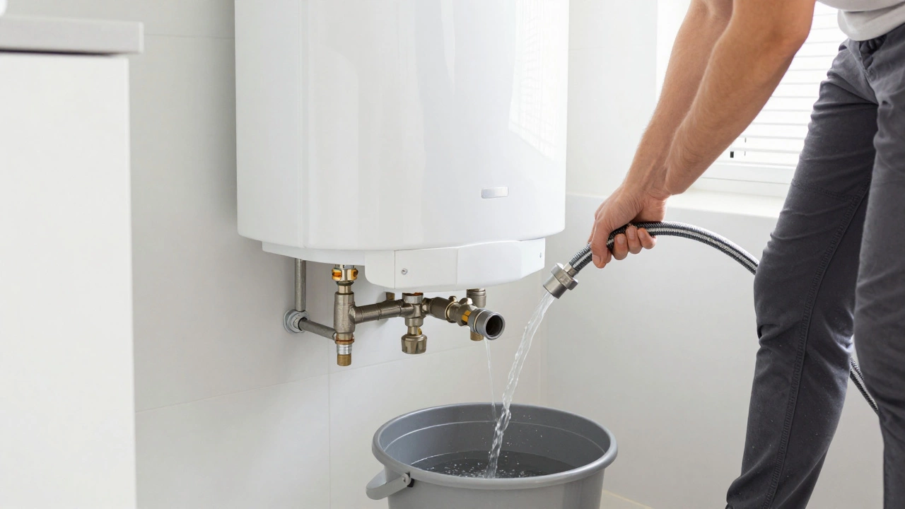 Homeowner flushing a water heater with a hose to remove sediment in a utility room