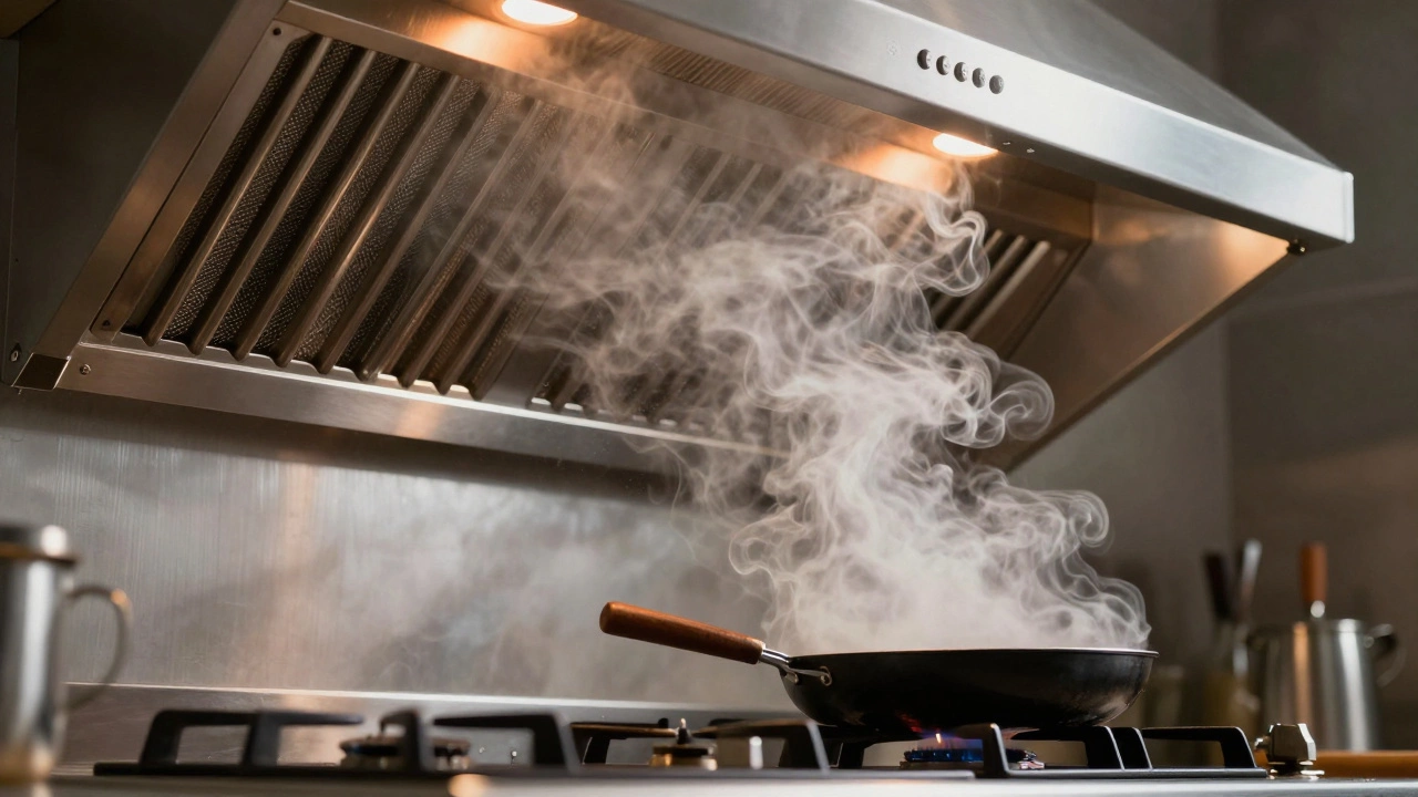 Kitchen range hood extractor fan suctioning steam and smoke from a cooking stove.