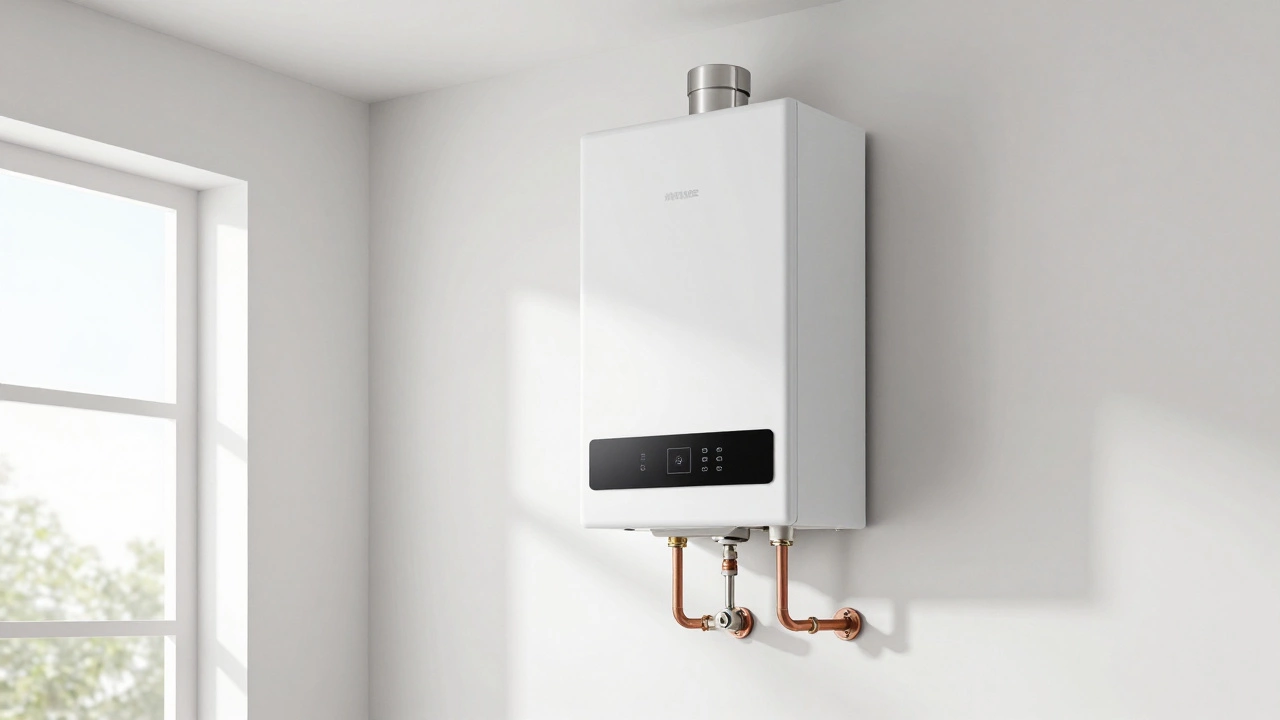 Modern wall-mounted tankless water heater with copper piping in a bright utility area