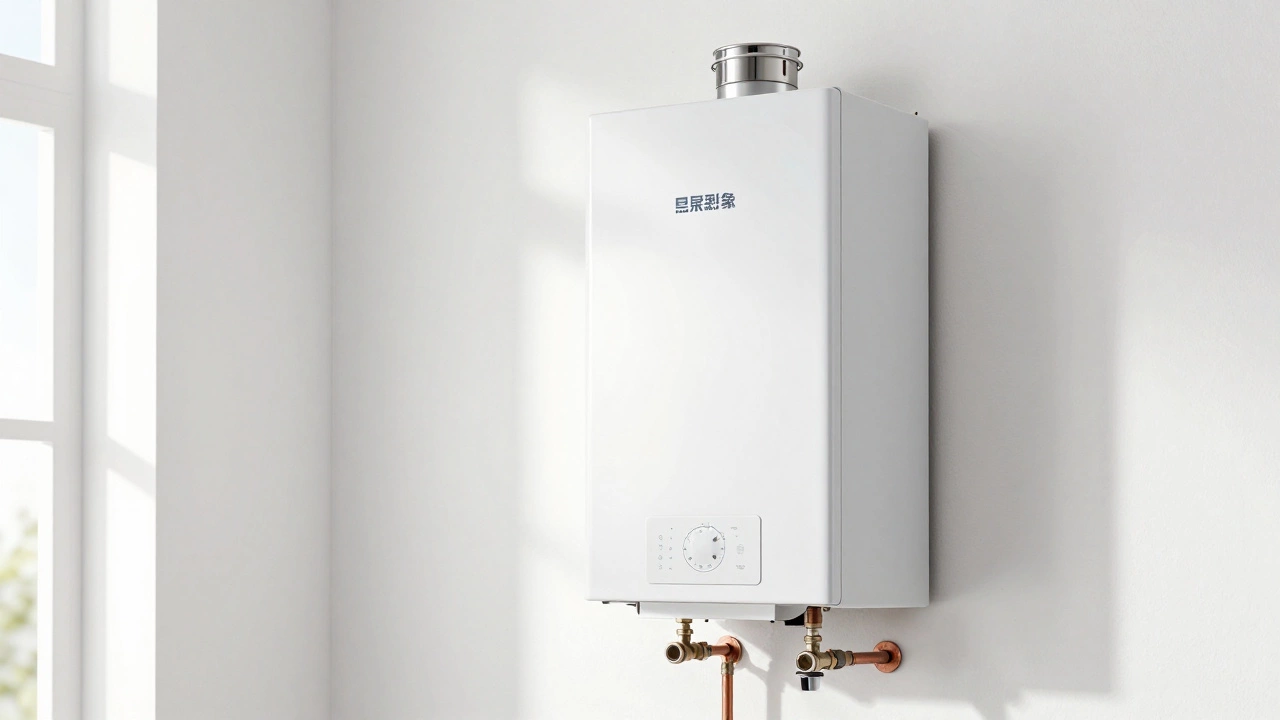 Newly installed modern condensing boiler with a magnetic filter on a white wall.
