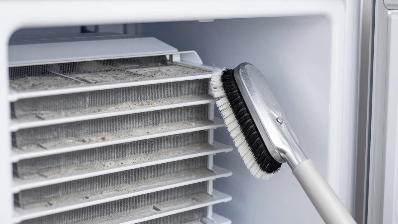 Vacuum brush cleaning dust and pet hair from freezer condenser coils.