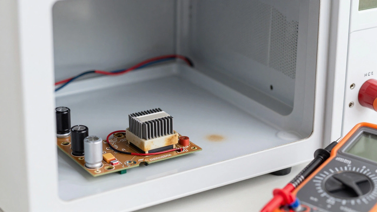 Close-up of damaged microwave fuse and multimeter probes
