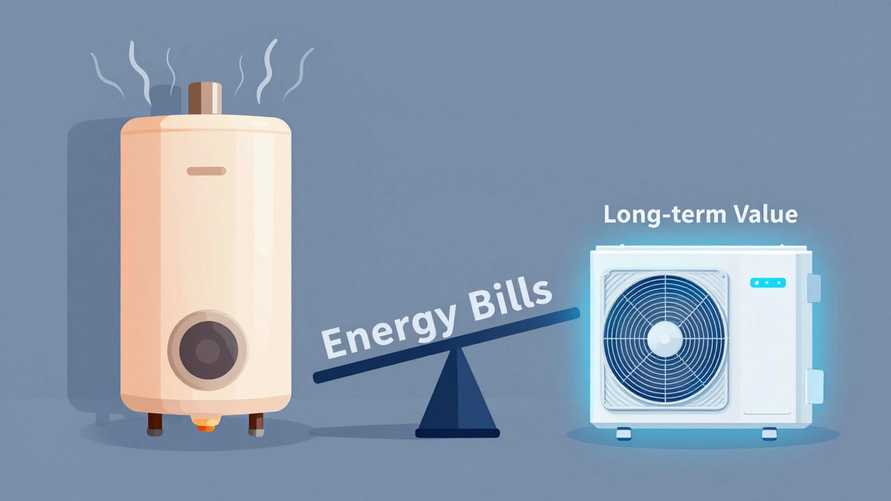 Comparison graphic of old inefficient vs new efficient water heaters
