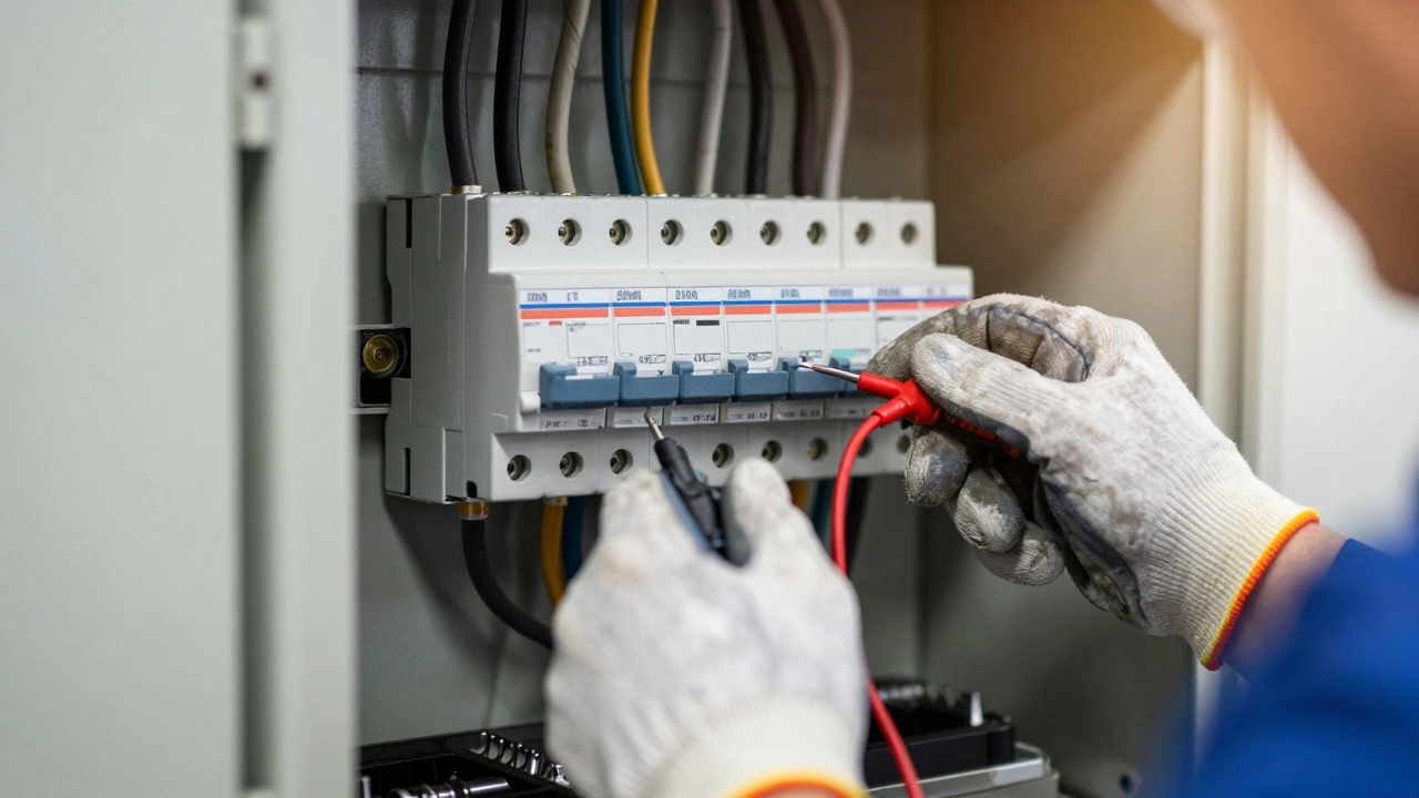 Electrician testing circuit breakers in distribution board
