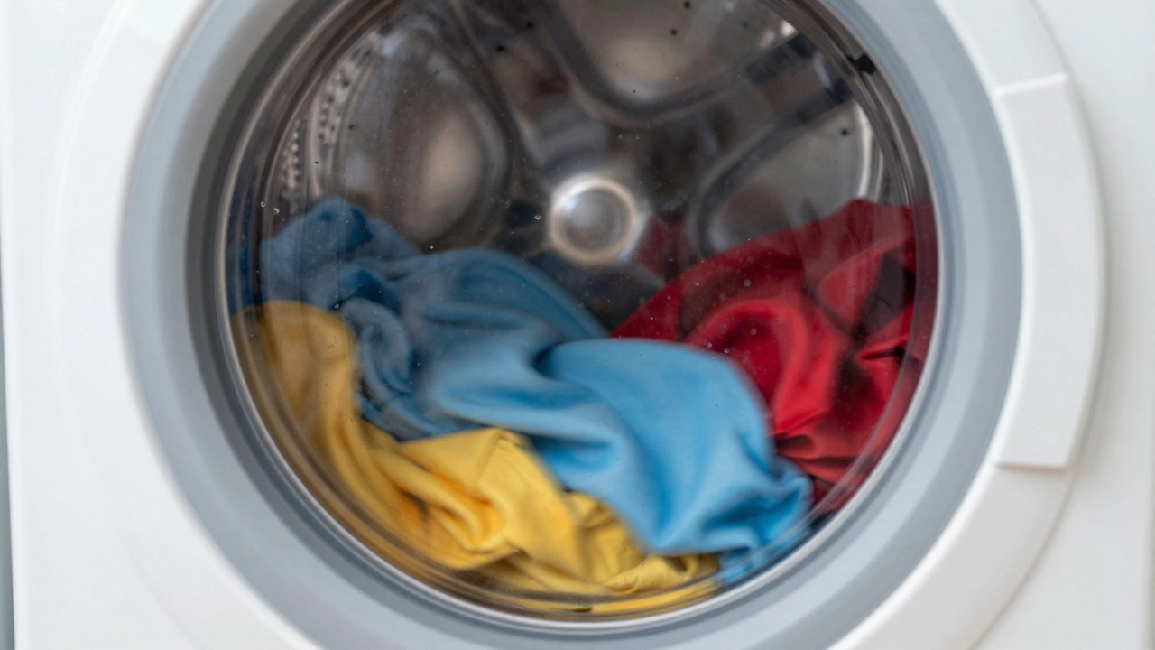 Front-loading washing machine spinning colorful laundry