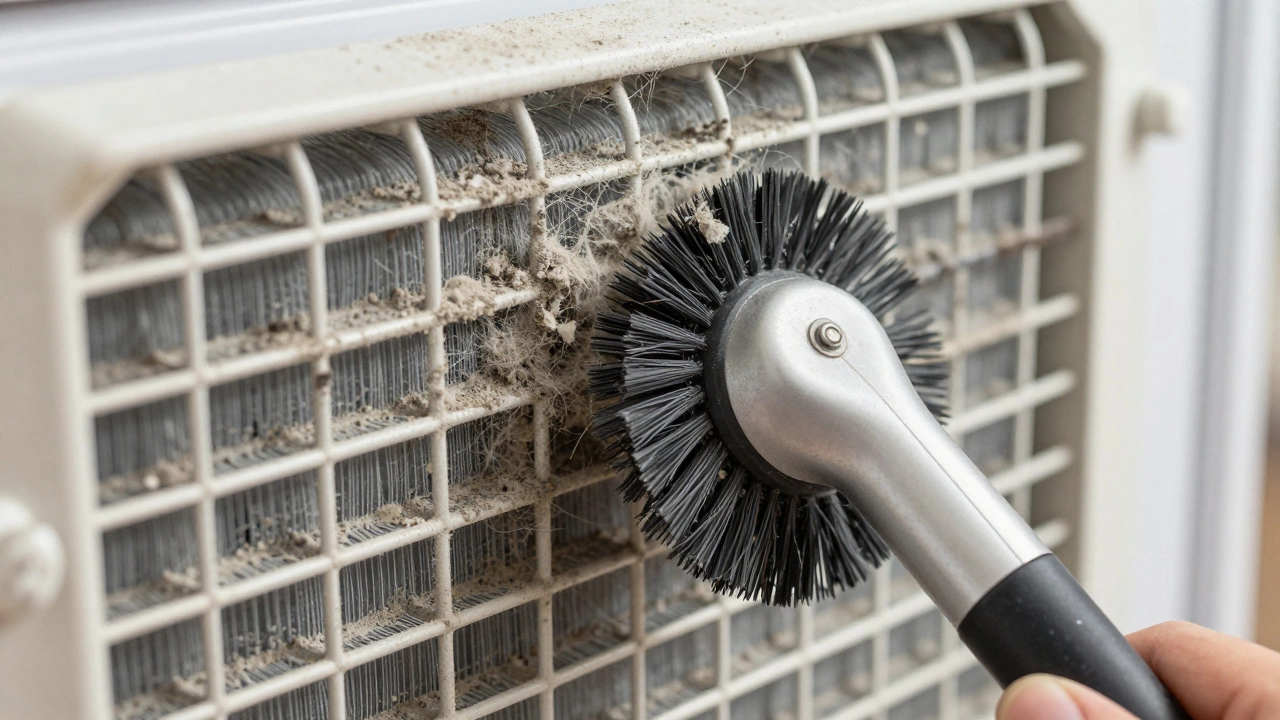 Hand cleaning dusty refrigerator condenser coils