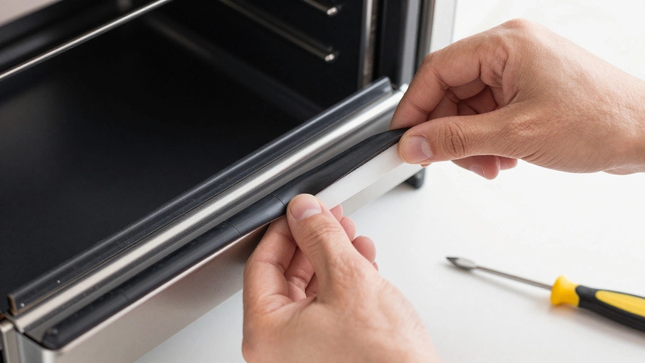 Hands replacing a worn oven door seal with a new one