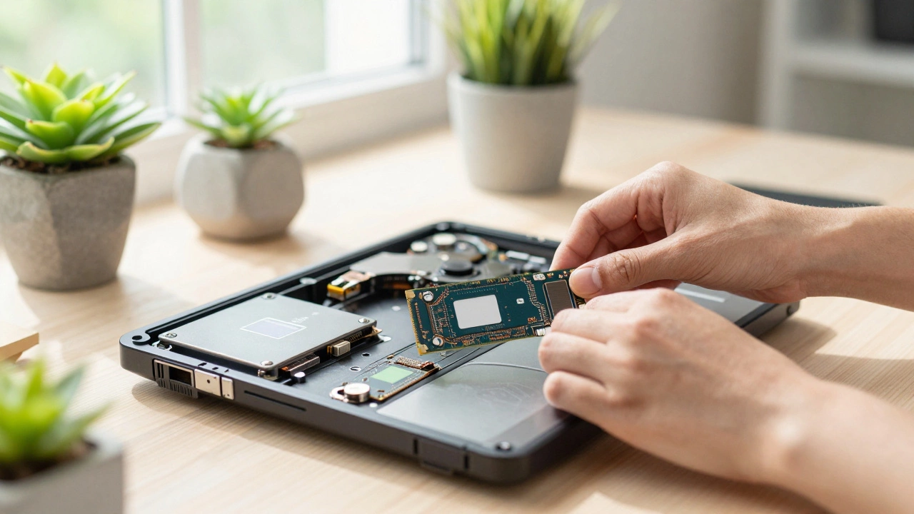 Hands upgrading a laptop SSD to extend its life and reduce e-waste.