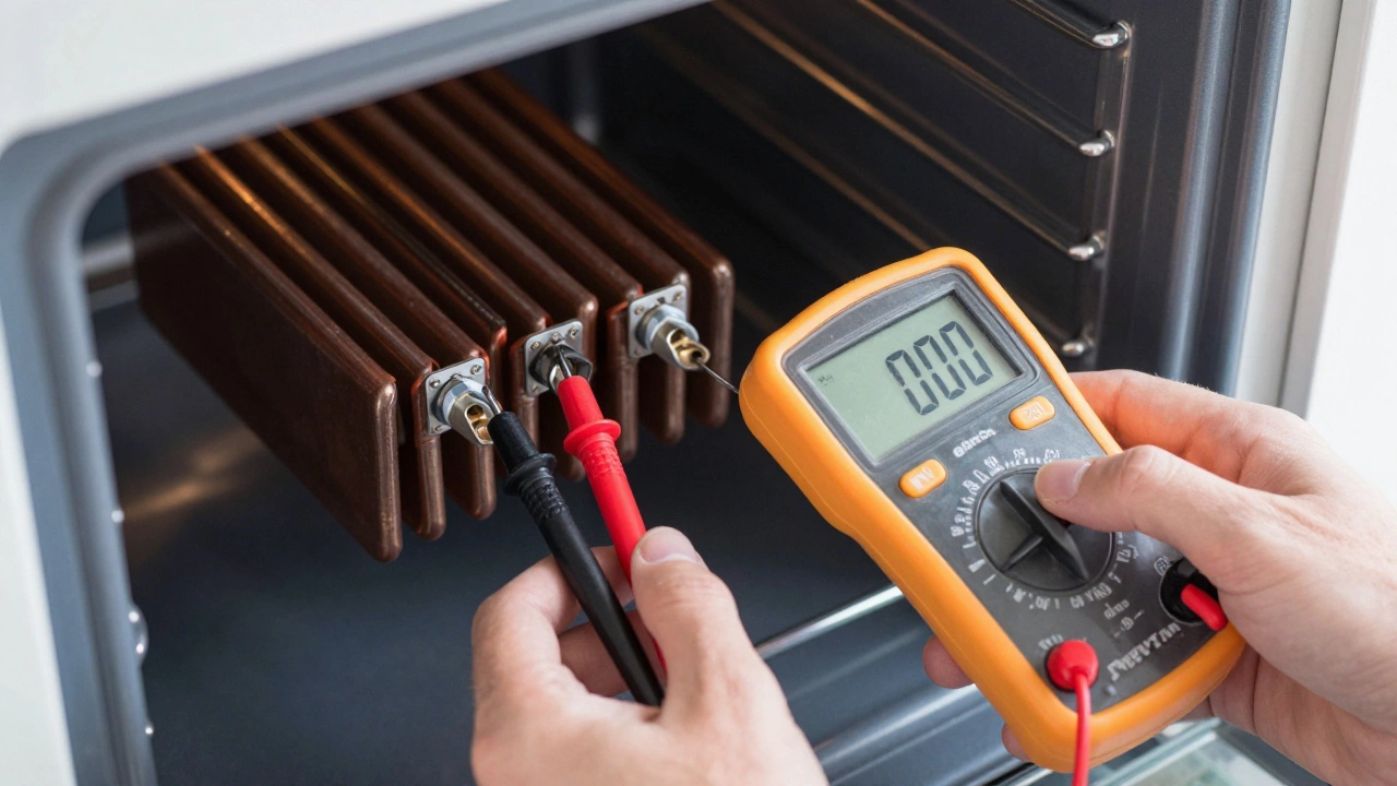 Hands using a multimeter to test the resistance of an oven heating element.