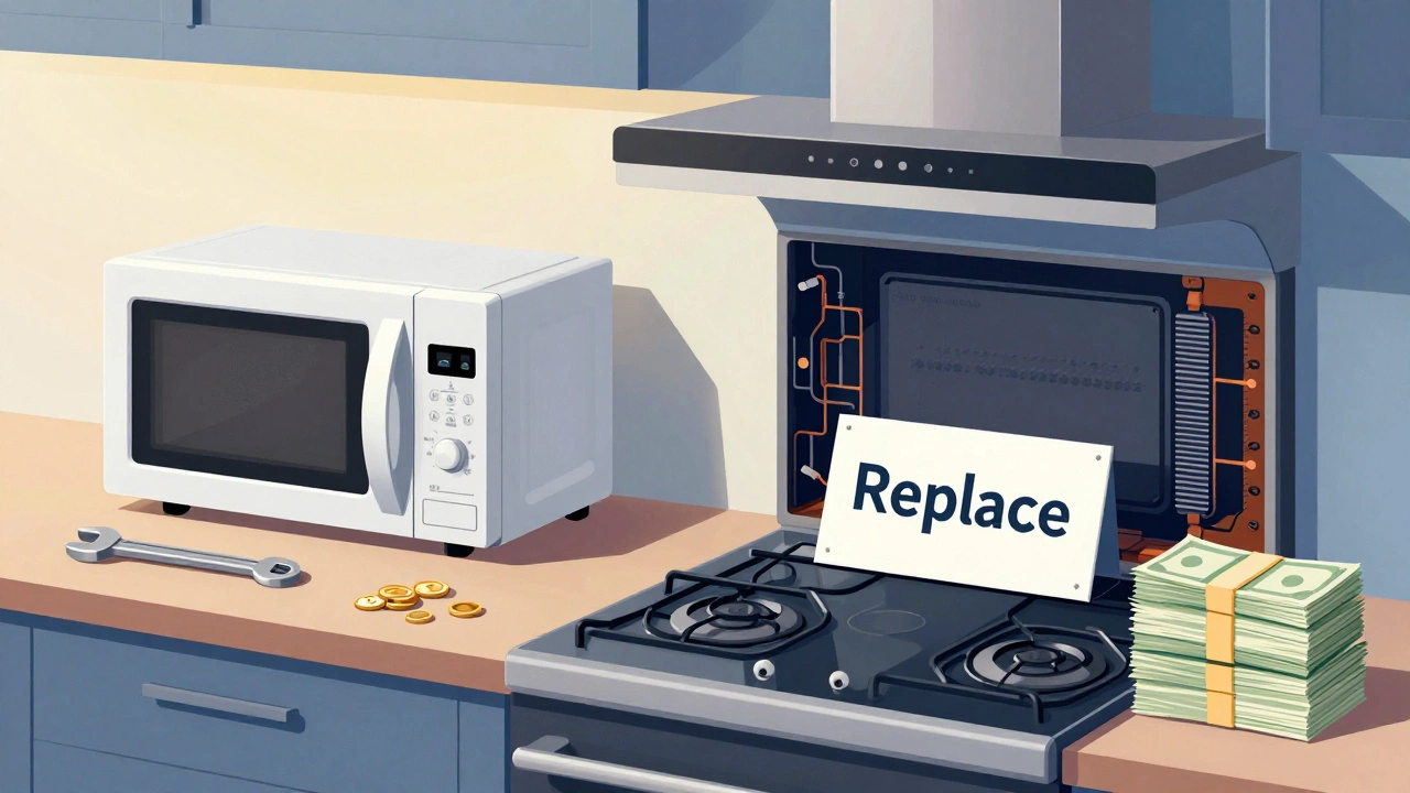 Illustration comparing cheap microwave repairs versus expensive replacements.