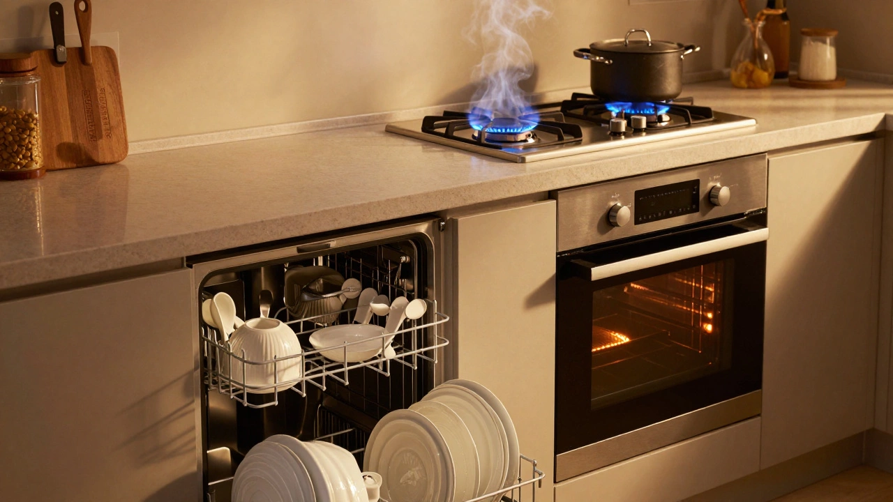 Kitchen scene with active oven, cooktop, and open dishwasher