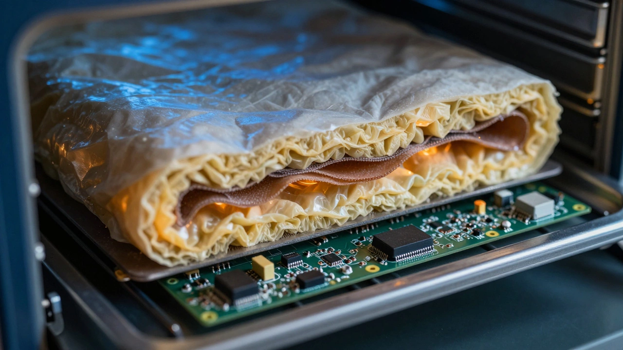 Macro view of oven insulation and electronic circuit boards