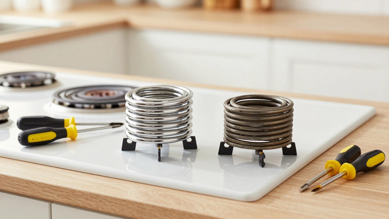New and old electric stove elements side-by-side ready for replacement.