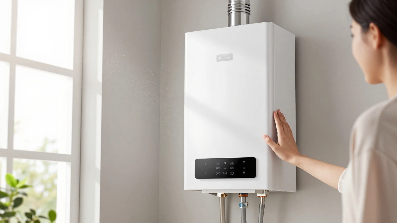 New efficient water heater in a bright modern utility room
