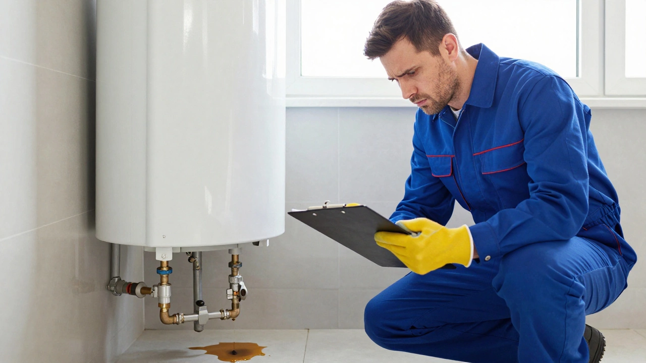 Plumber inspecting a leaking water heater in a laundry room