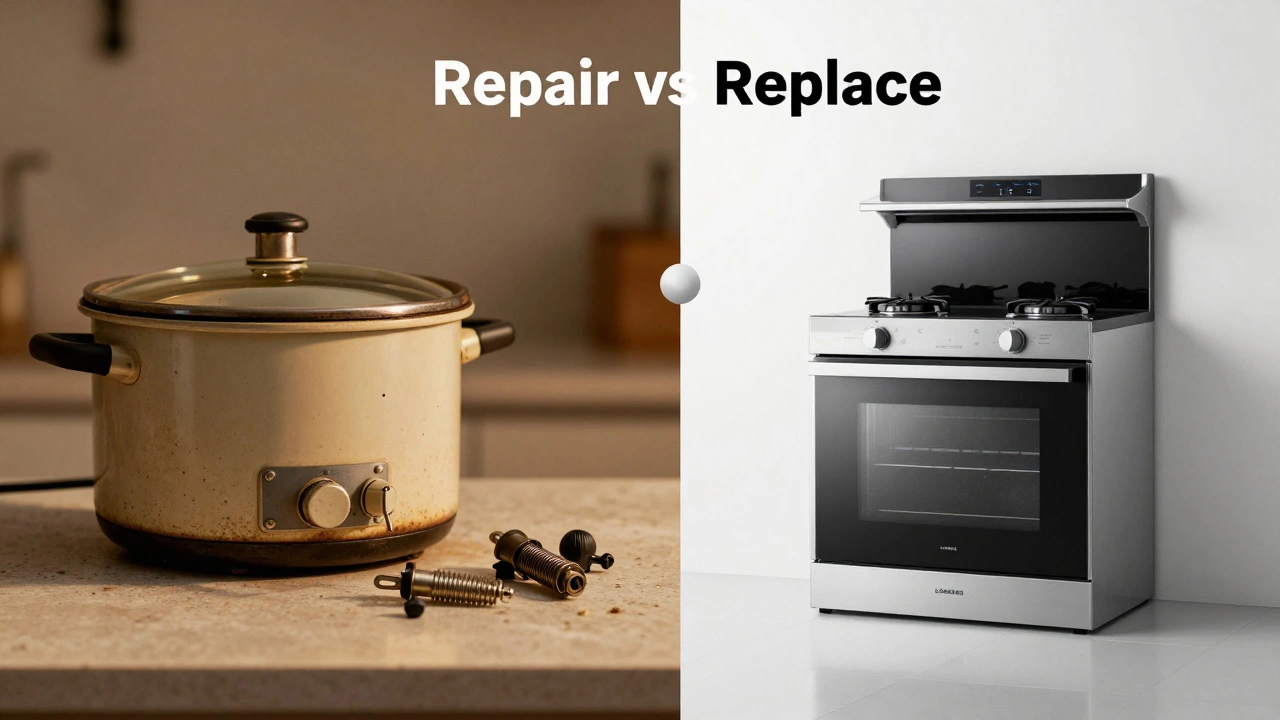 Split view comparing repairing an old cooker vs buying new