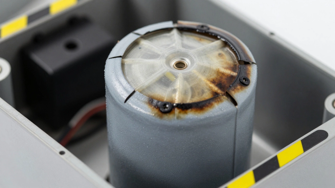 Swollen and scorched high-voltage capacitor showing dangerous damage.