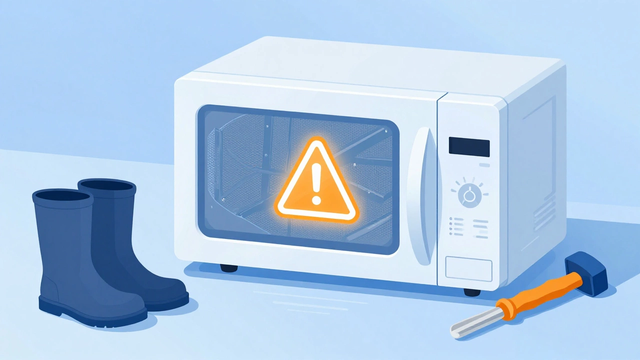 Technical illustration of microwave capacitor safety warnings
