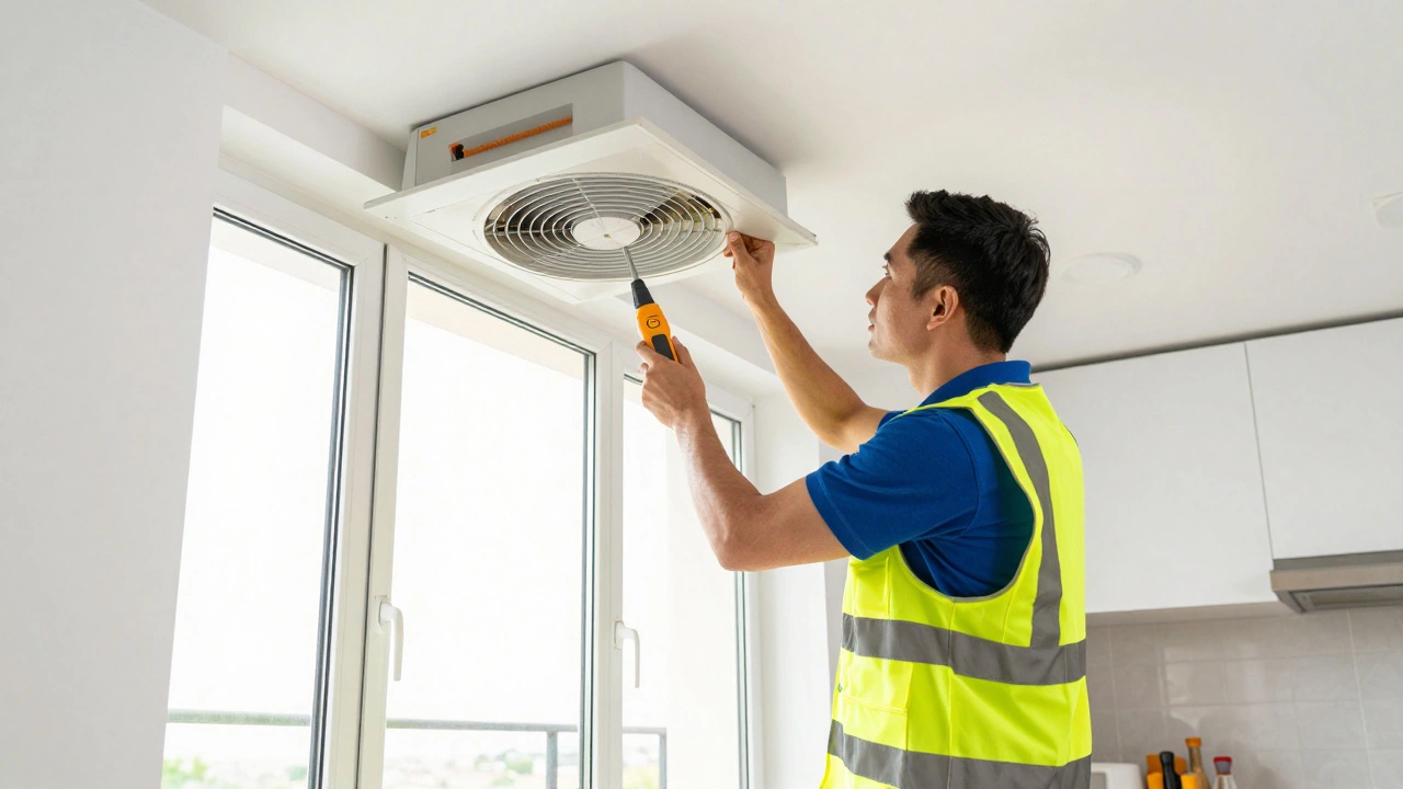 Technician inspecting kitchen extractor fan airflow