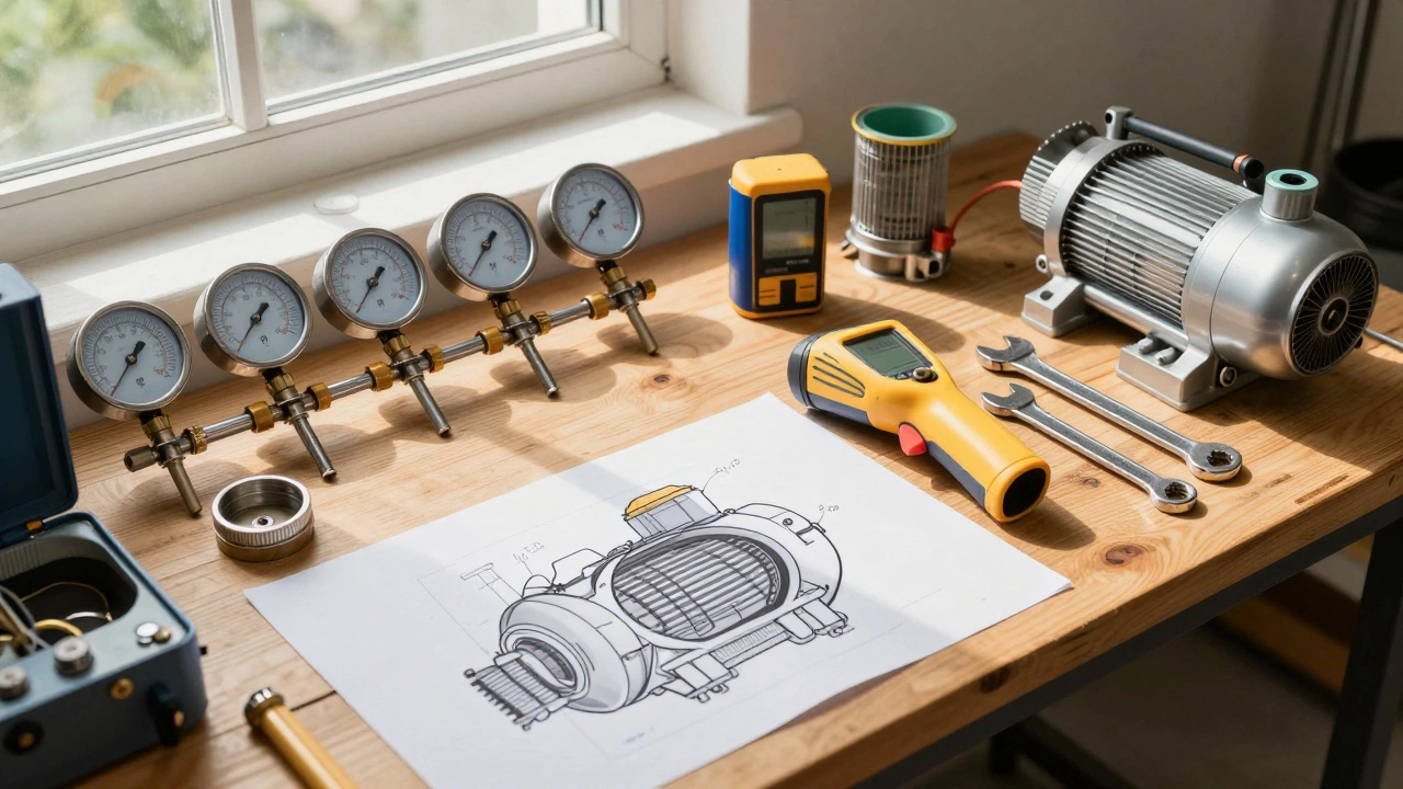 Workbench with specialized appliance repair tools and gauges