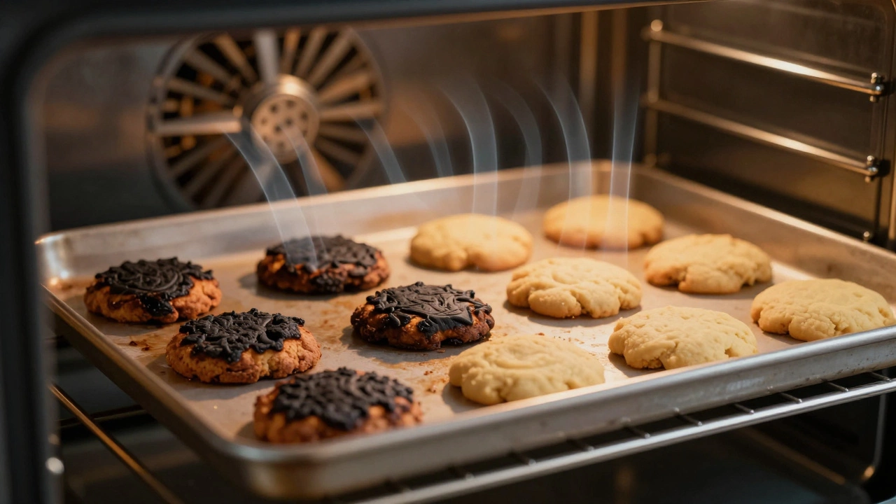 Baked goods showing uneven cooking with burnt and raw sides