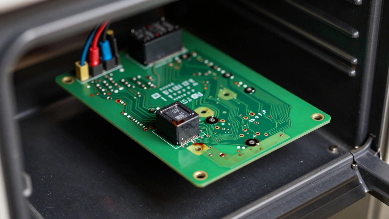 Burnt relay on an exposed oven control circuit board