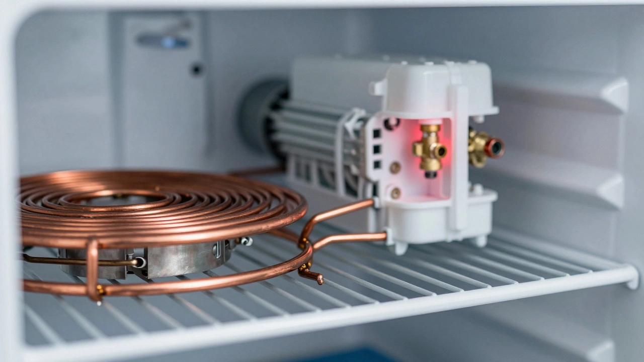Close up of copper coils and fragile ice maker mechanism