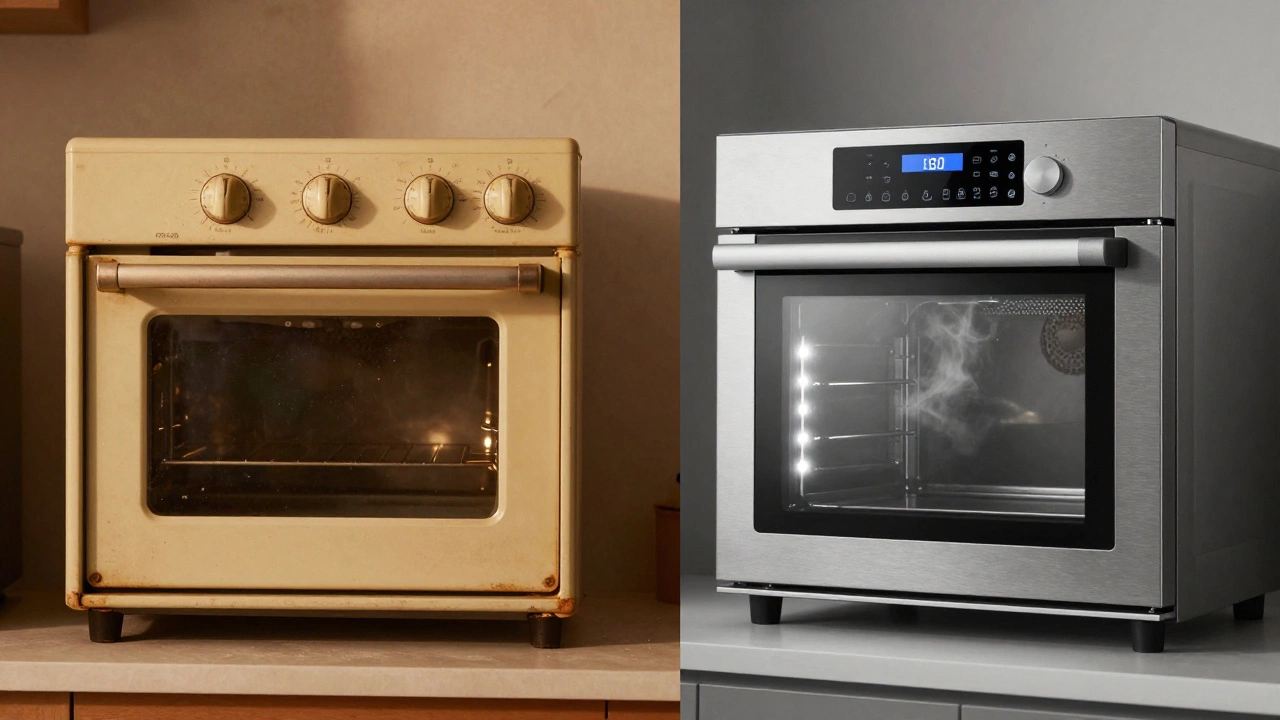 Comparison of an old inefficient oven versus a modern energy-efficient smart oven