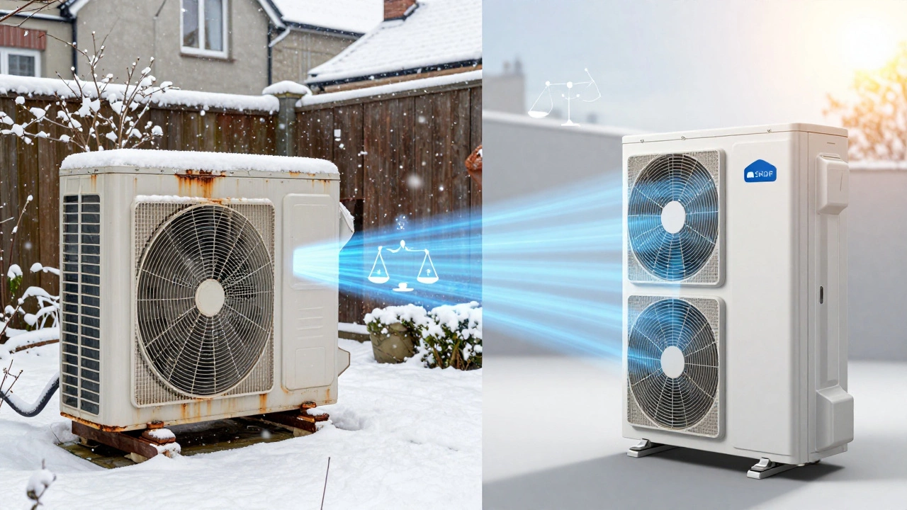 Comparison of old rusty heat pump vs new modern unit in split screen composition
