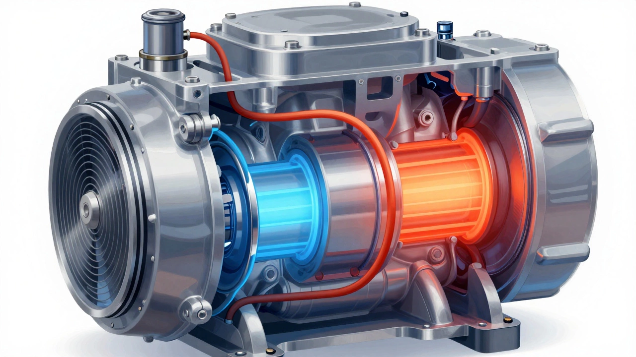 Detailed cutaway view of heat pump compressor showing internal mechanical parts