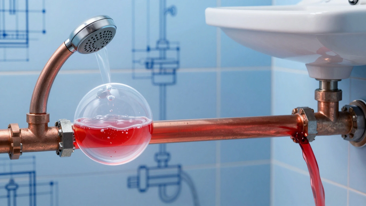 Diagram showing air bubble blocking hot water in shower pipe