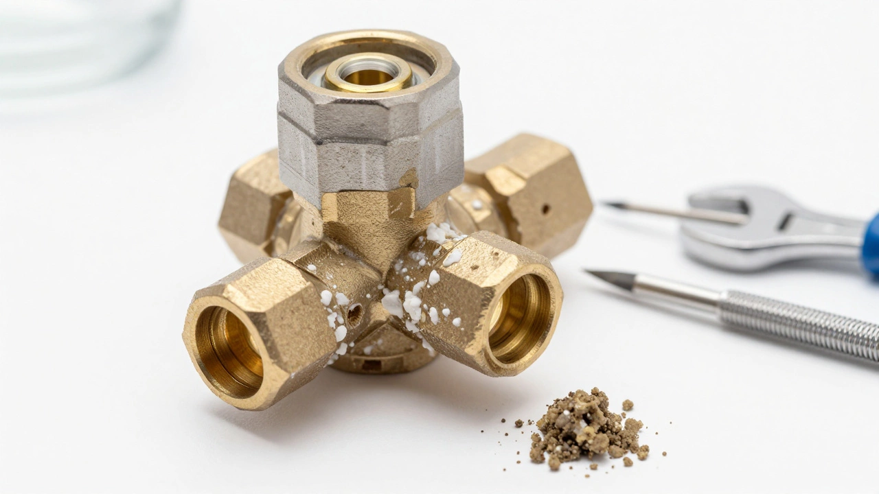 Disassembled shower valve clogged with white mineral deposits