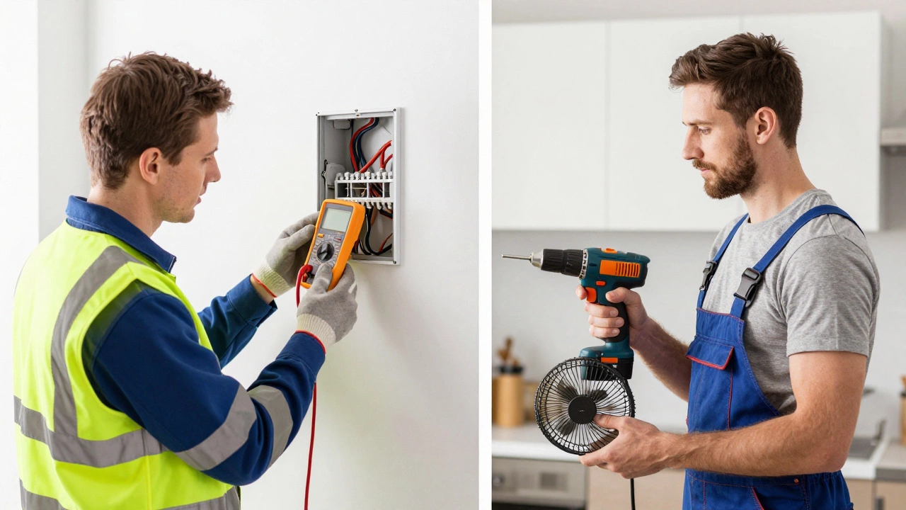 Electrician inspecting wiring vs handyman holding plug-in fan