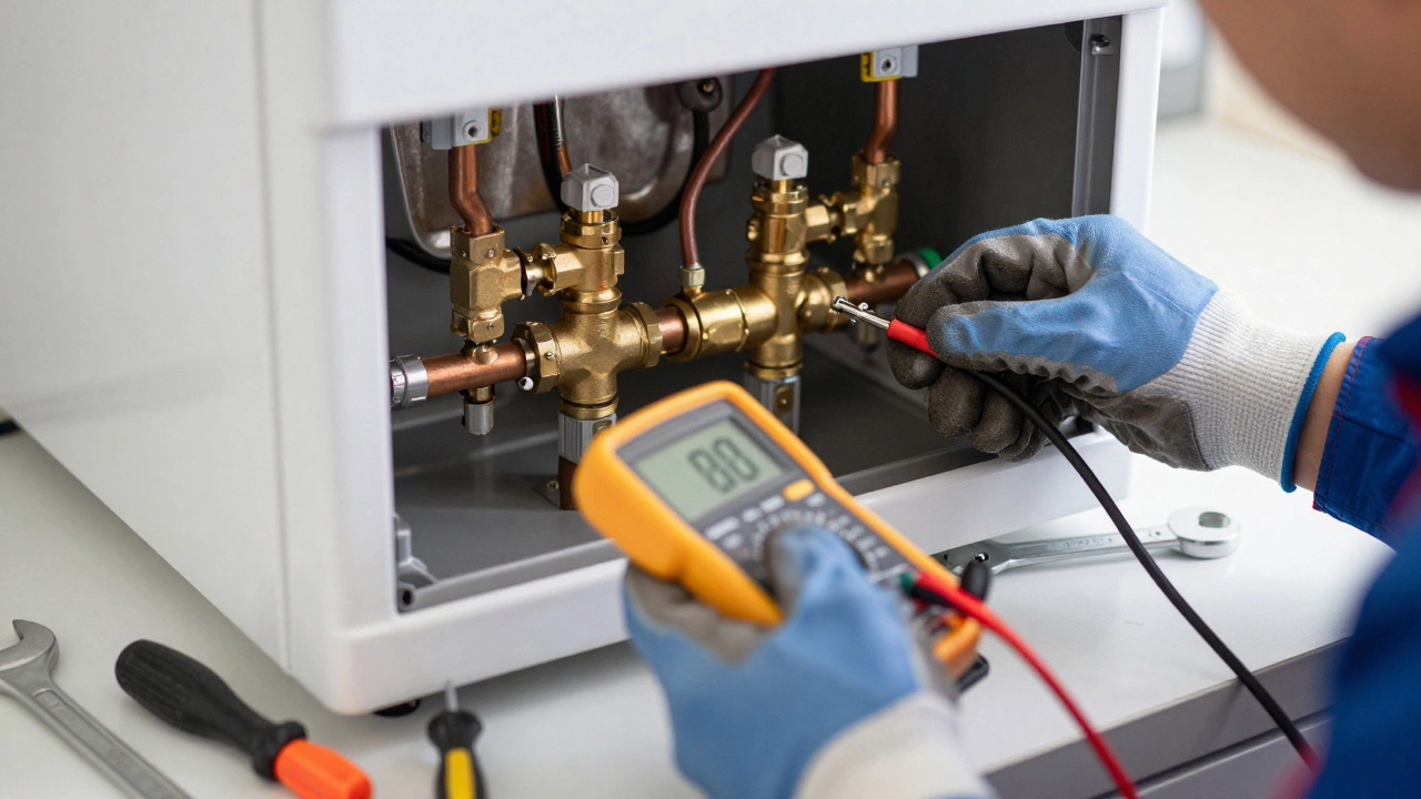 Engineer testing boiler components with multimeter and tools