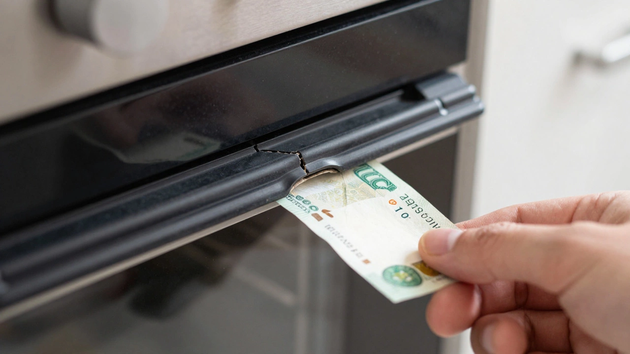 Hand testing oven door seal with a piece of paper for gaps