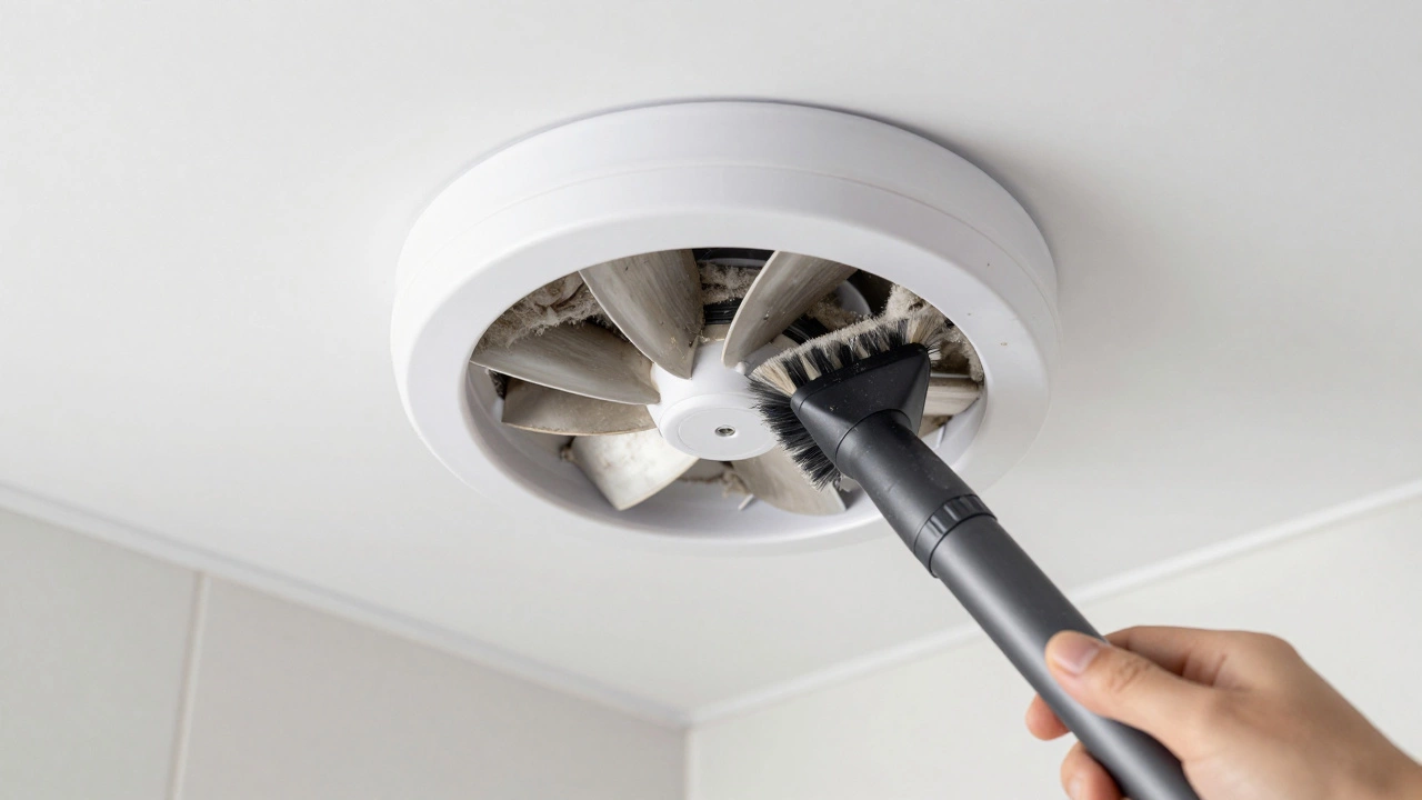 Hand vacuuming lint from bathroom extractor fan blades