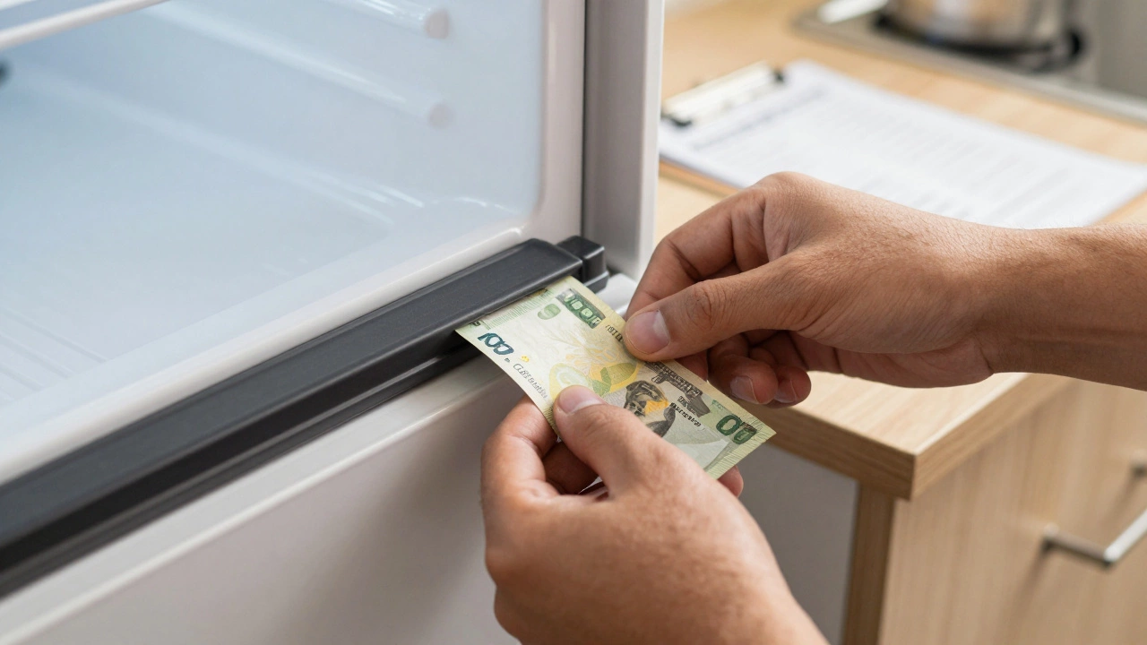 Hands testing a freezer door seal with a banknote