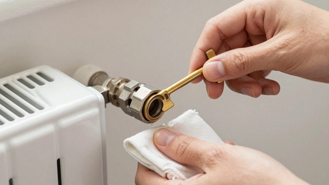 Hands using a key to bleed air from a radiator valve with a cloth underneath.