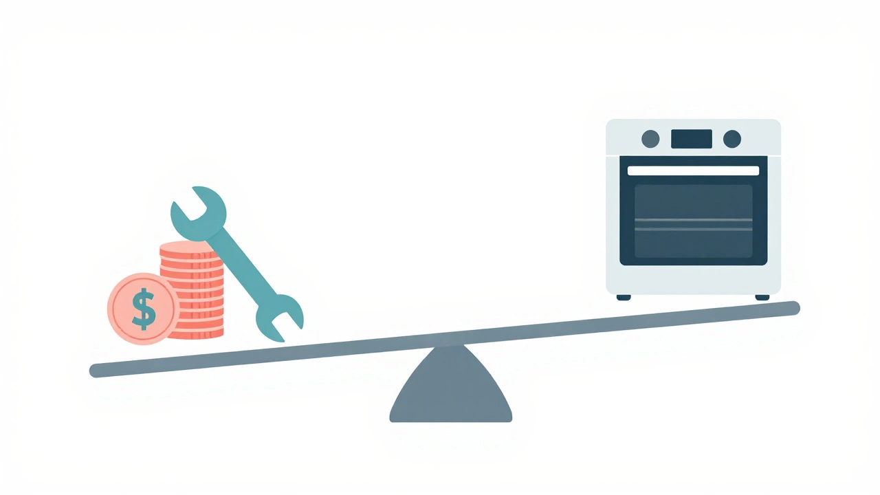 Illustration of a balance scale weighing repair costs against buying a new oven