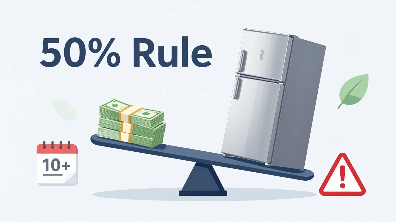 Illustration of a scale weighing repair costs against a new freezer