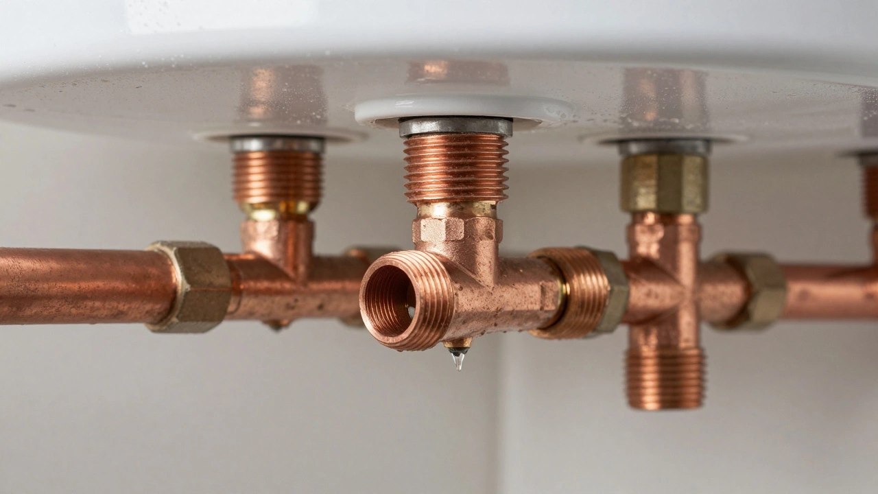 Moisture leaking from copper pipe connections on a water heater