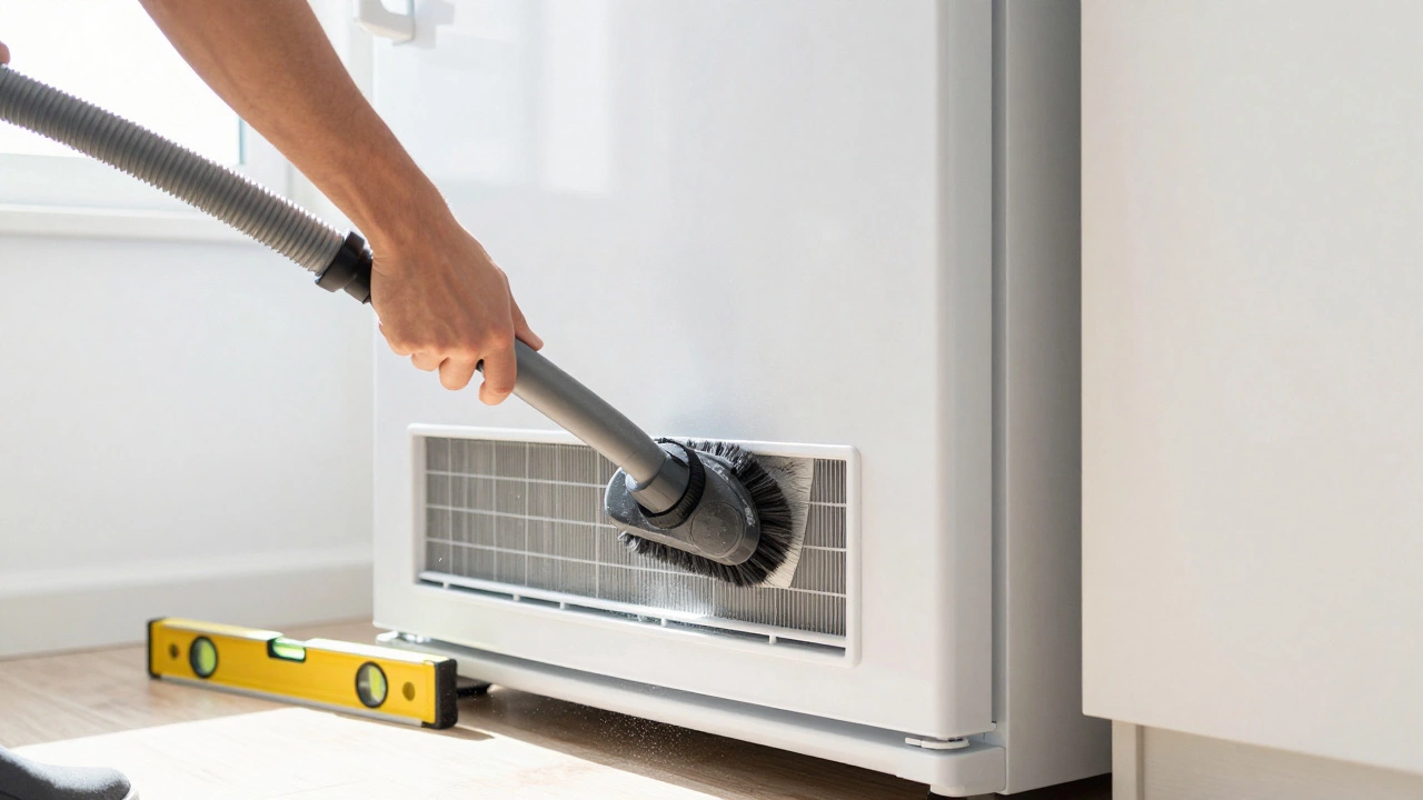 Person cleaning condenser coils on a refrigerator