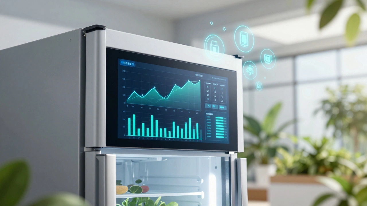 Smart commercial fridge with digital interface showing energy data