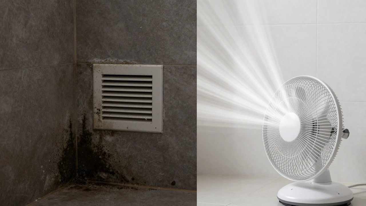Split image contrasting moldy damp wall with fresh ventilated room