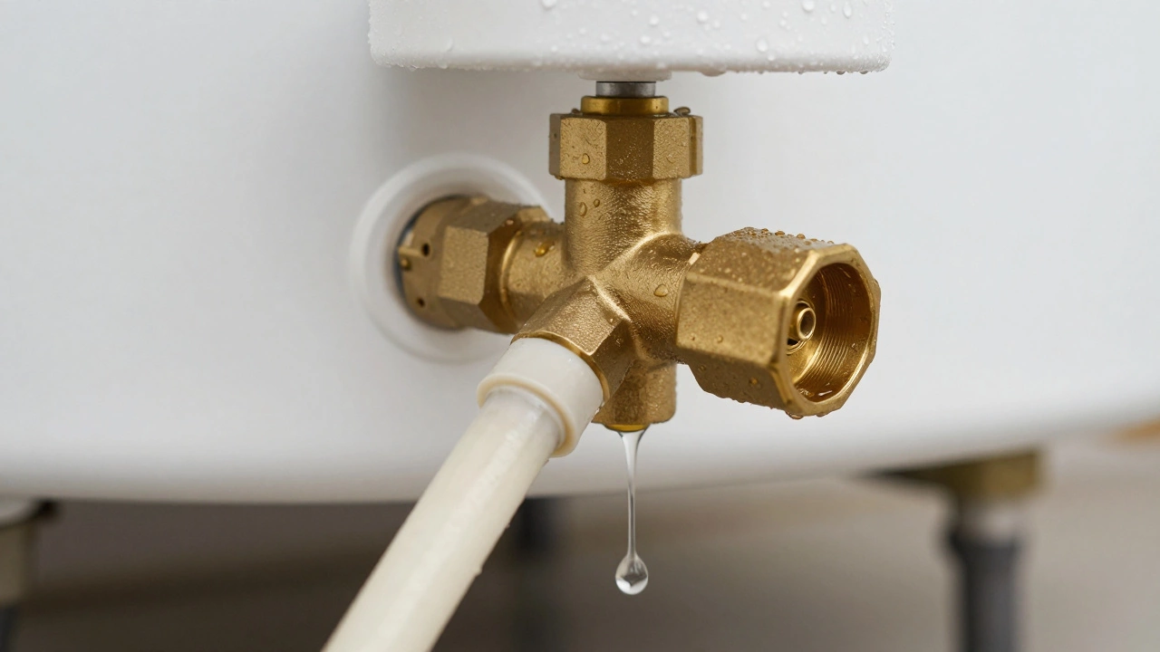 Water dripping from a brass T&amp;P relief valve on a water heater