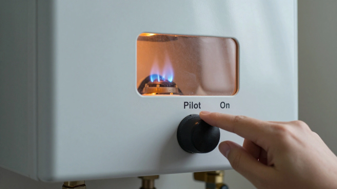 Blue pilot light burning in gas water heater control panel