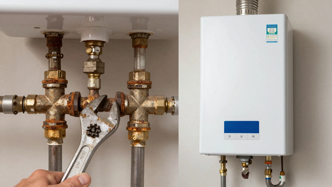 Close-up of corroded pipes vs new efficient water heater unit