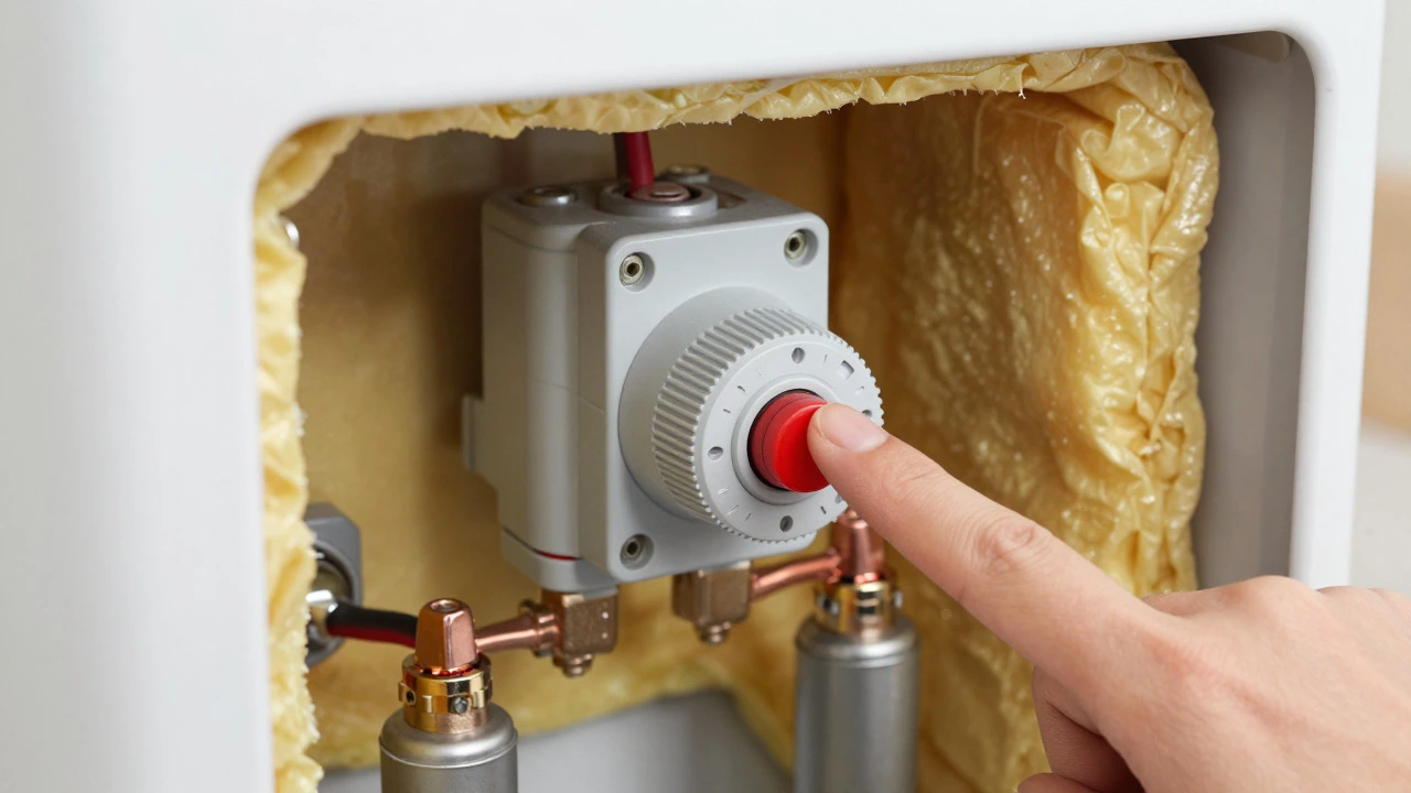 Close up of red high-limit reset switch inside electric water heater panel