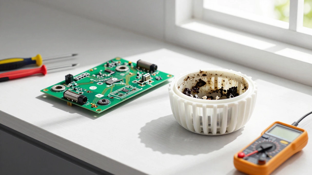 Corroded control board and clogged drain pump filter on a workbench
