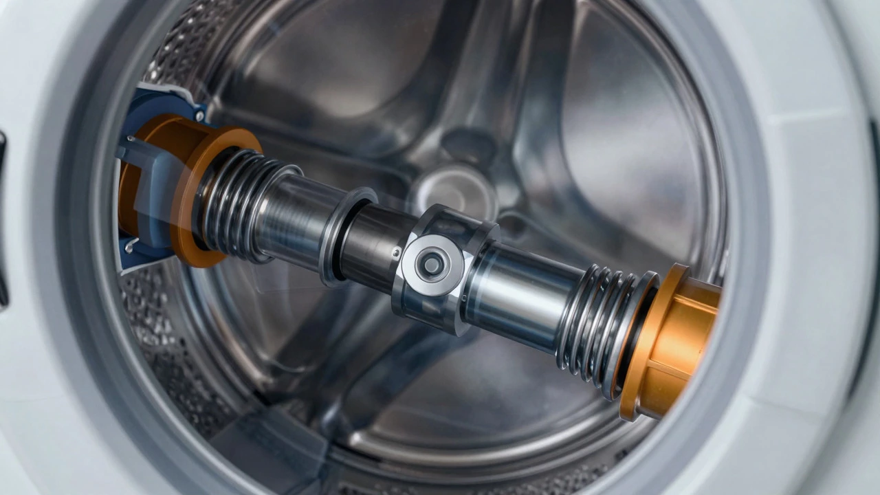 Cutaway view of washing machine bearings and suspension system under stress